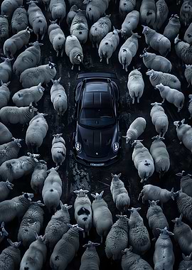 Car among sheep, overhead view