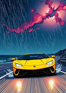 Yellow Lamborghini Huracan in the Rain