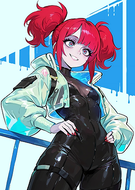 Red-haired anime girl in black catsuit