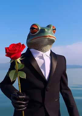 Frog in Tuxedo with Red Rose
