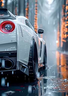 White Sports Car in Rainy Cityscape