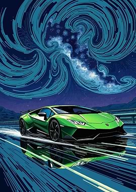 Green Lamborghini under swirling night sky