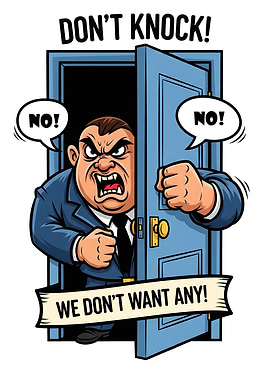 Angry man at door cartoon