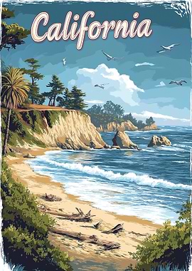 California Beach Coastline Travel Poster