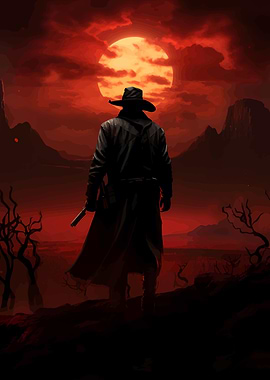 Western Gunslinger Silhouette Against Red Moon