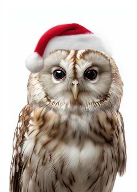 Owl wearing a Santa hat