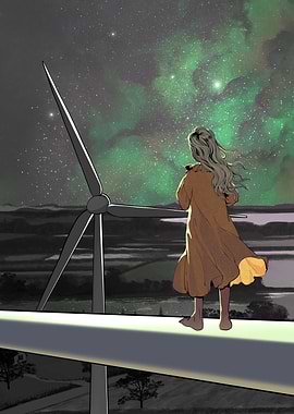 Girl, Wind Turbine, and Night Sky