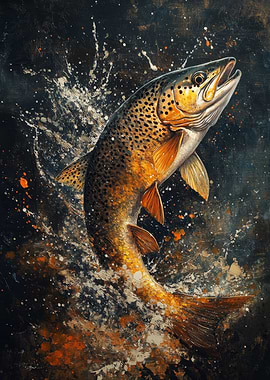 Leaping Brown Trout Painting | Fish Art Print