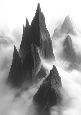 Monochrome Mountain Peaks in Mist