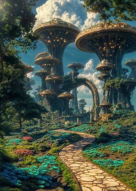 Futuristic Cityscape with Mushroom Buildings