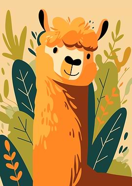 Adorable Cute Llama with Foliage Minimalist Art Illustration