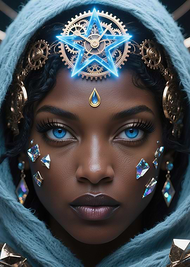 Celestial Oracle with Luminous Azure Eyes and Clockwork Headdress