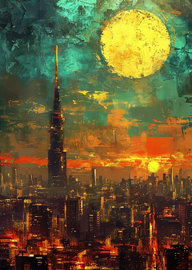 Cityscape with Tower and Moon Painting