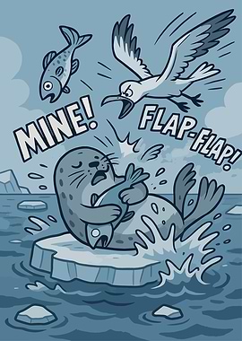 Cartoon Seal and Seagull Fish Dispute