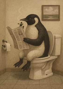 Penguin on Toilet Reading Newspaper Smoking
