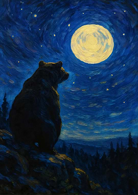 Bear Watching Moon: Van Gogh Inspired Starry Night Art