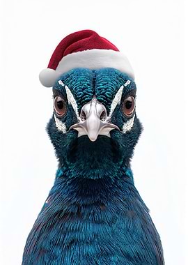 Peacock wearing a Santa hat