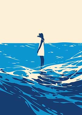 Woman Stormy Water Dream Minimalist Art Illustration