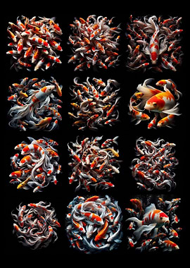 Koi Fish Collage on Black Background