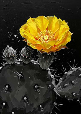 Yellow Cactus Flower on Black Background