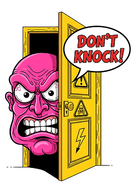 Angry face behind warning door
