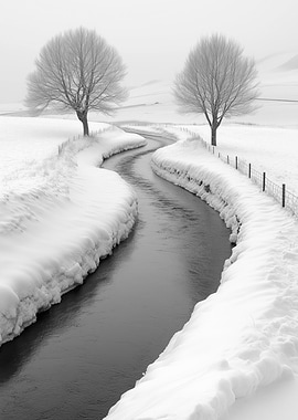 Winter River Landscape in Black and White
