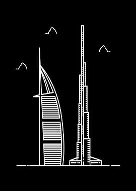 Dubai Skyline Minimalist White Line Art
