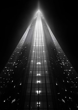 Monochrome Skyscraper Ascending into the Night