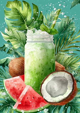Tropical Green Smoothie Watercolor Illustration