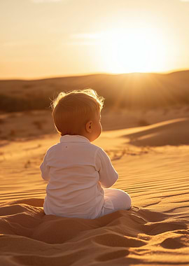 Little Child in Mediterranean Desert at Sunset