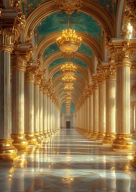 Opulent Hallway with Golden Columns