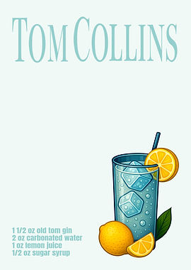 Tom Collins Cocktail Art Print – Classic Gin Drink Recipe Wall Decor for Bar, Kitchen, or Lounge
