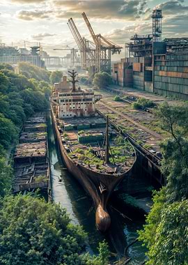 Overgrown Shipyard with Abandoned Vessel