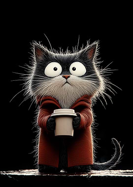 Cartoon Cat with Coffee Cup