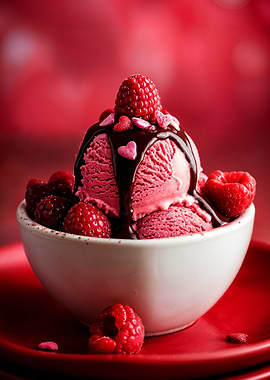 Raspberry Ice Cream with Chocolate Sauce