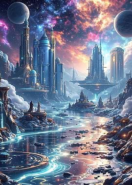 Futuristic Cityscape with Celestial Sky
