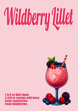 Wildberry Lillet Cocktail Art Print – Illustrated Drink Recipe Wall Decor for Kitchen or Home Bar