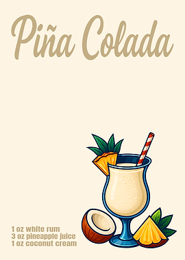 Piña Colada Cocktail Art Print – Tropical Rum Drink Recipe Wall Decor for Bar, Kitchen, or Lounge