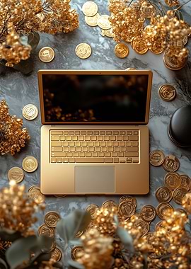Golden Laptop with Coins and Flowers