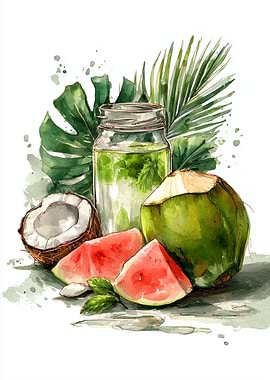 Watercolor Tropical Fruit and Drink Still