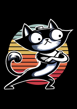 Cartoon Cat with Retro Sunset Background