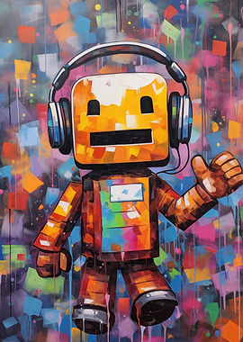 Robot with Headphones Colorful Art