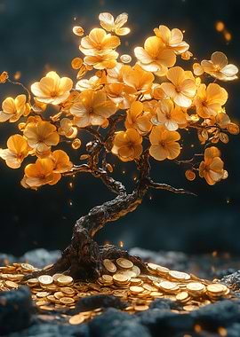 Golden Blossom Tree with Coins
