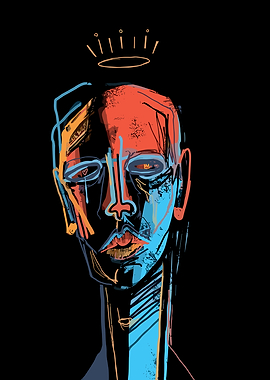 Abstract Portrait with CrownAn abstract portrait features a person with a crown, rendered in a mix of orange, blue, and black. The face is stylized with bold lines and contrasting colors, creating a striking visual effect. One eye has a tear,