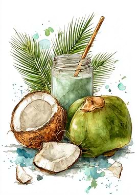 Coconut Drink Watercolor Illustration