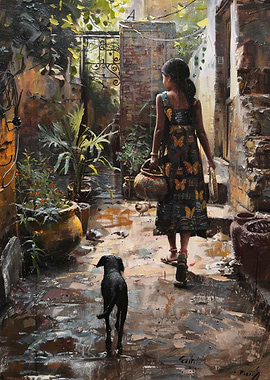 Girl with Dog in Courtyard Painting