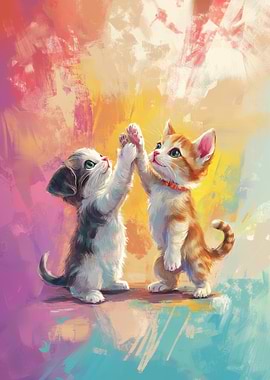 Kittens High Five Painting