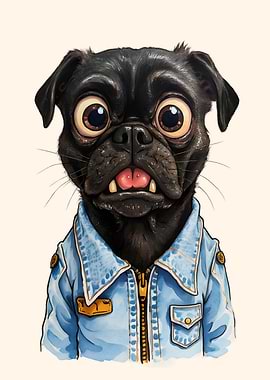 Pug in Denim Jacket Portrait funny Caricature