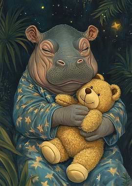 Sleeping Hippo with Teddy Bear