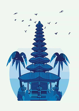 Blue Balinese Temple with Palm Trees
